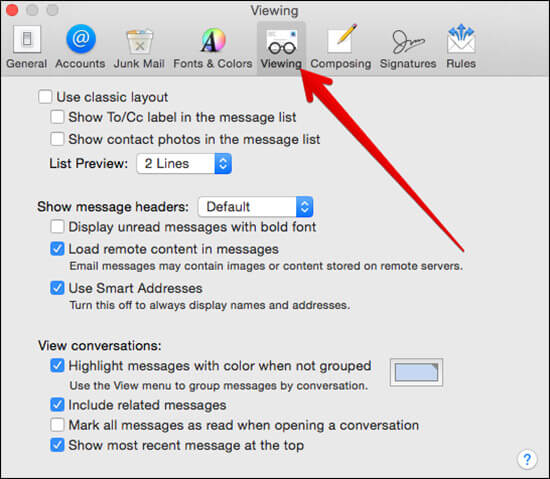 Click Viewing Tab in Mail App on Mac