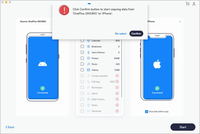 Click confirm button to start copying data from Android to iPhone