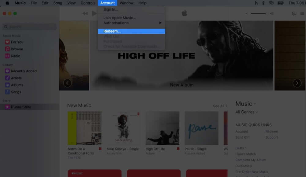 Click on Account from Music App Toolbar and Select Redeem on Mac