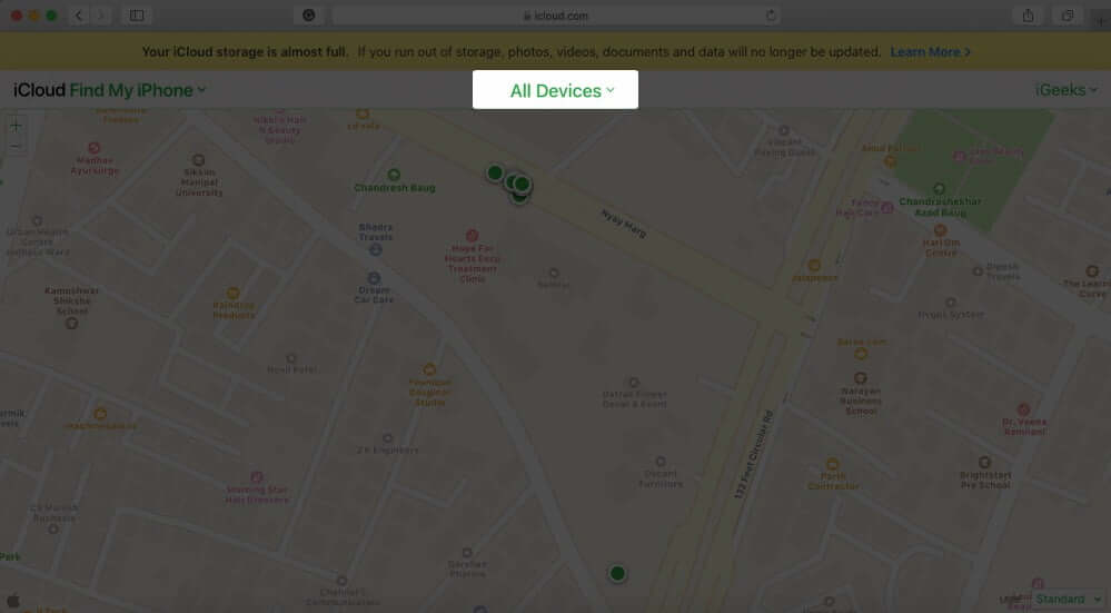 Click on All Devices in Find My iPhone in iCloud.com