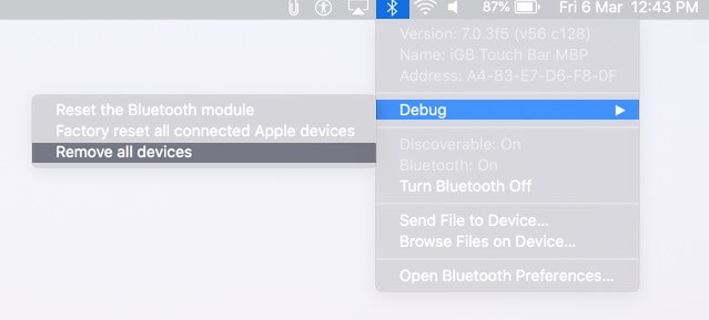 Click on Bluetooth from Menubar Select Debug and Click on Remove All Devices