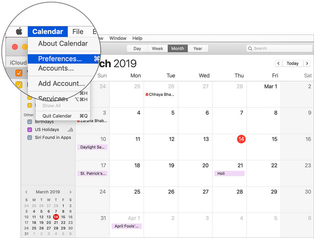 Click on Calendar Menu and then Select Preferences in Mac Calendar App