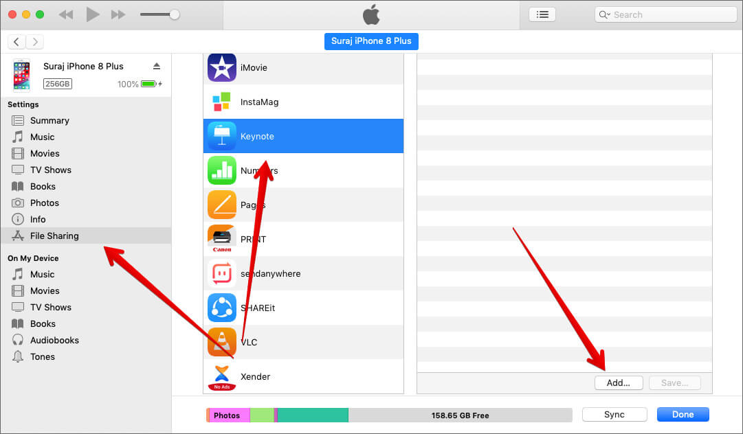 Click on File Sharing and Select Keynote app icon then click on Add in iTunes