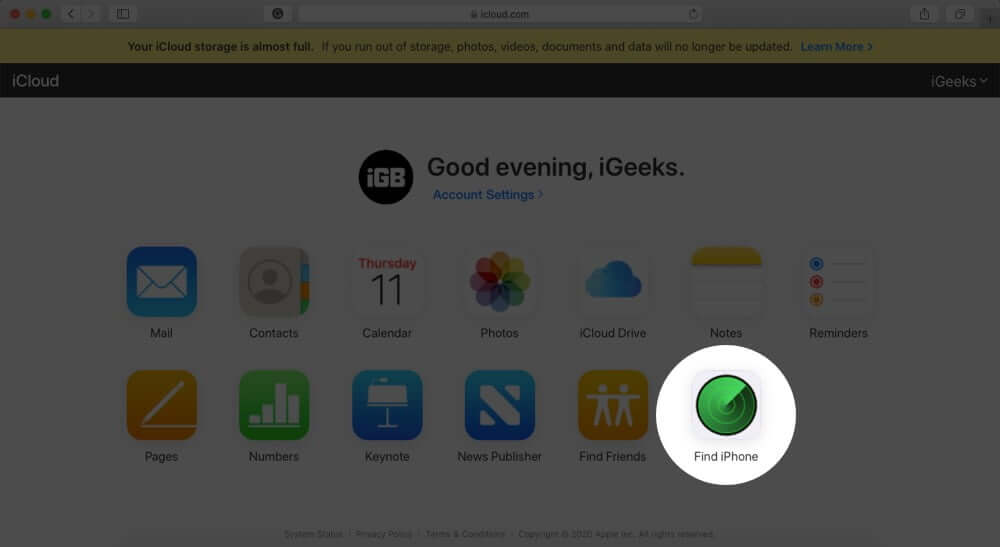 Click on Find iPhone in iCloud.com