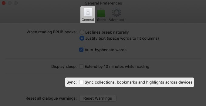 Click on General Tab and Disable Sync in Books Preferences on Mac