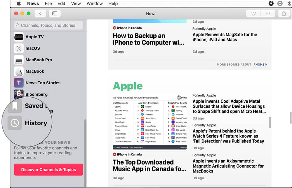 Click on History in the sidebar in Mac Apple News app