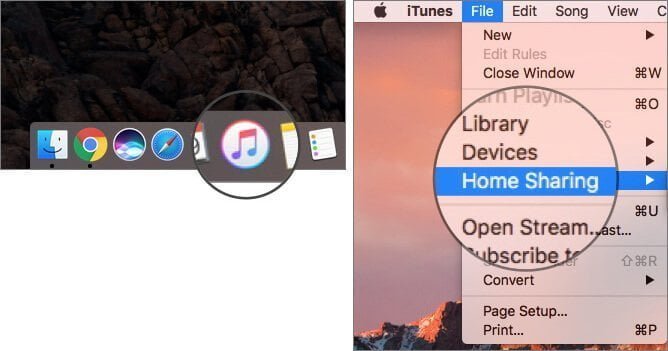 Click on Home Sharing in iTunes File Menu on Mac