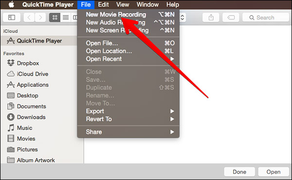 Click on New Movie Recording in QuickTime Player on Mac