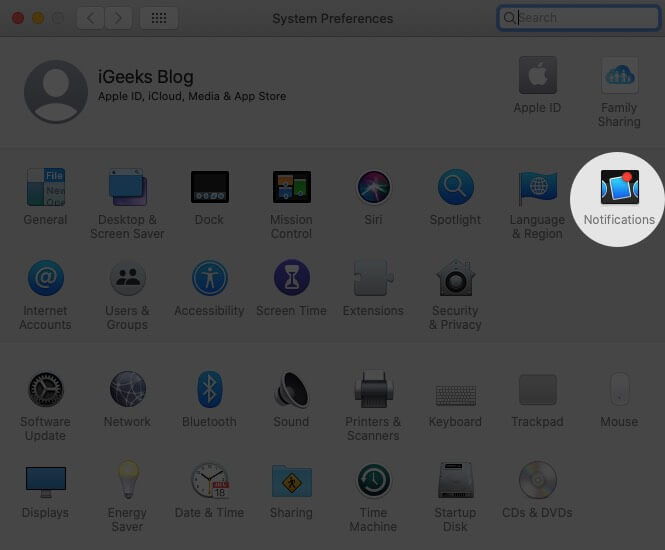 Click on Notifications in System Preferences on Mac