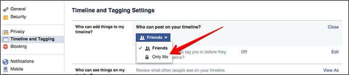 Click on Only Me in Facebook Timeline Settings