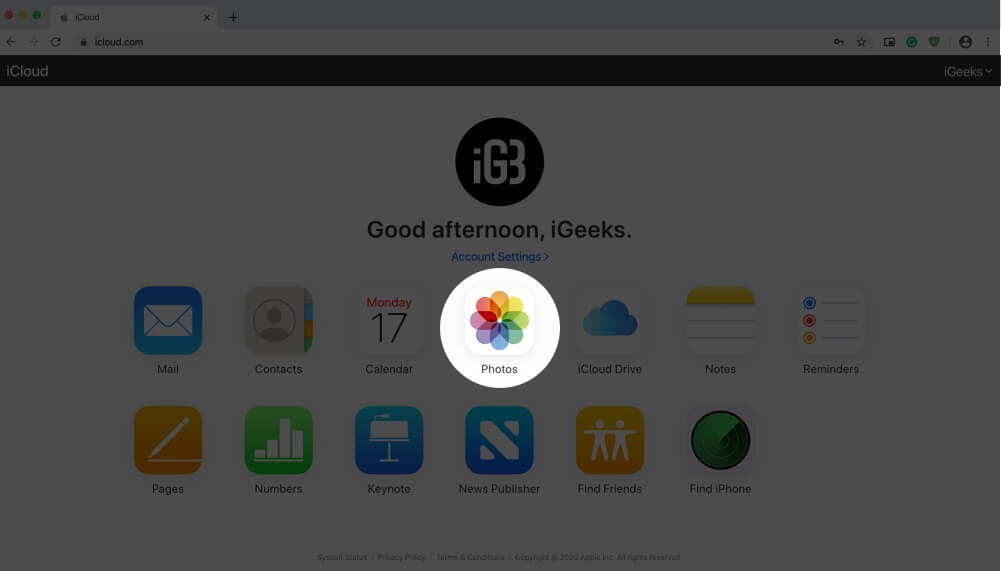 Click on Photos in iCloud.com on Mac