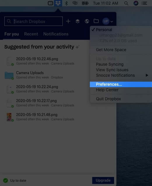Click on Preferences in Dropbox Profile on Mac