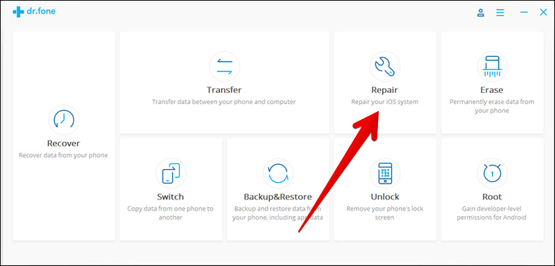 Click on Repair in dr.fone Software