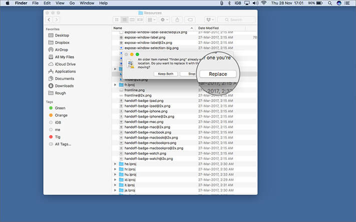 Click on Replace in Resources folder to change Finder Dock Icon on Mac