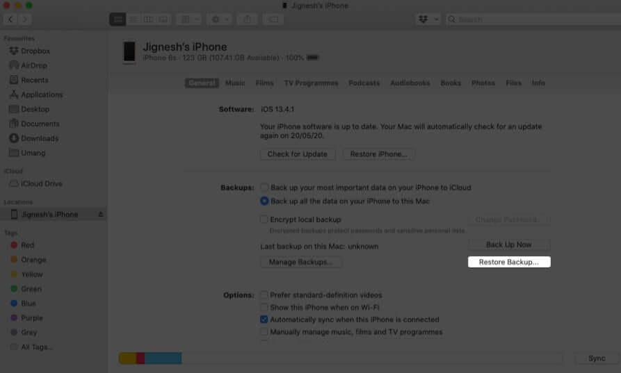 Click on Restore Backup on Mac