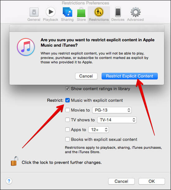 Click on Restrict Explicit Content in iTunes Preferences