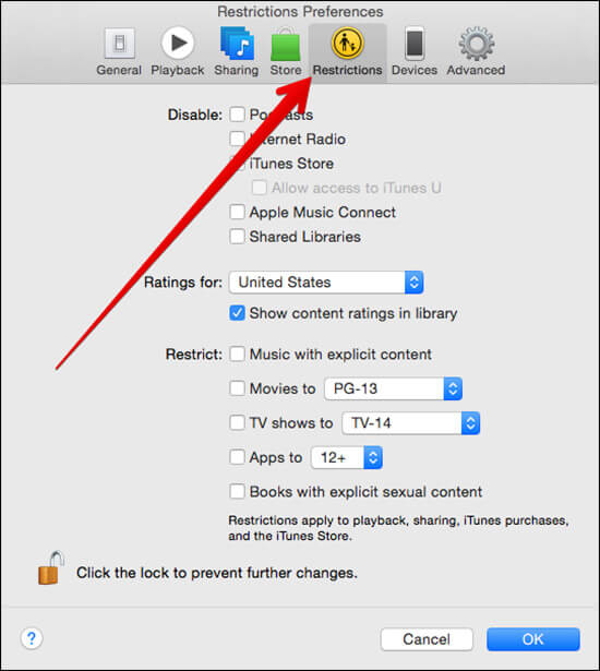 Click on Restrictions in iTunes Preferences