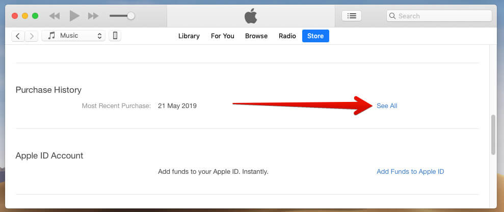 Click on see all in purchase history in itunes Click on See All in Purchase History in iTunes