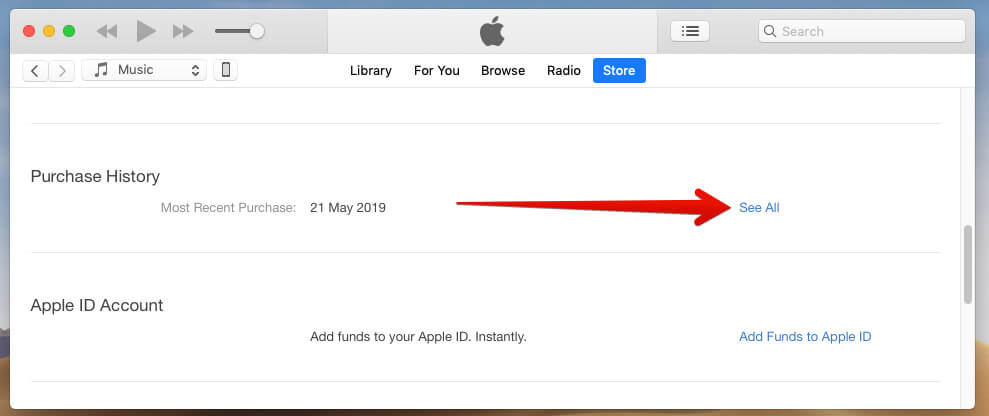 Click on See All in Purchase History in iTunes