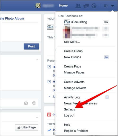 Click on Settings in Facebook