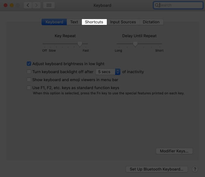 Click on Shortcuts in Keyboard on Mac