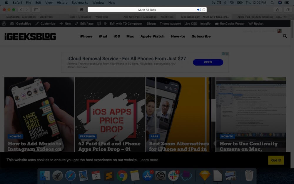 Click on Speaker icon to Mute All Safari Tabs in macOS