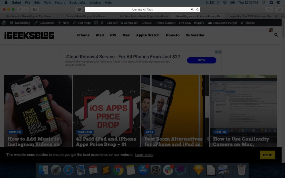 Click on Speaker icon to Unmute All Tabs in Safari on Mac