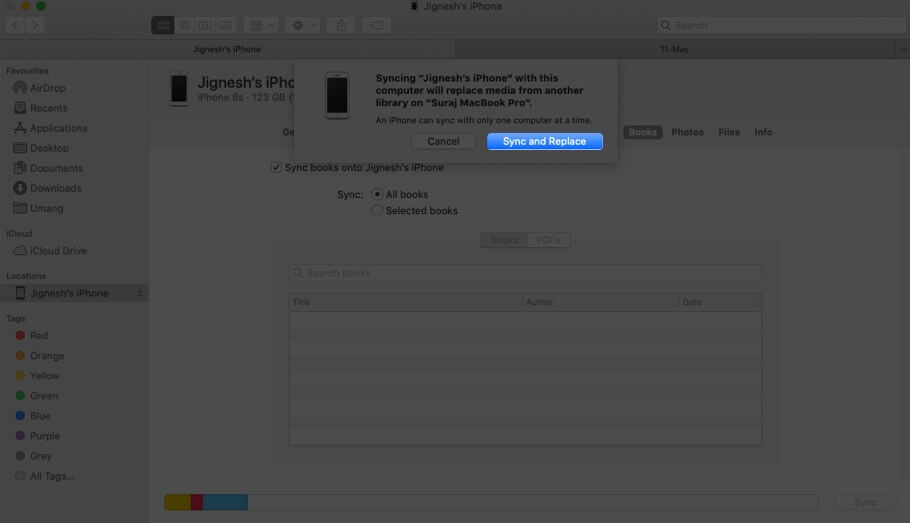 Click on Sycn and Replace to Enable Sync Books in Finder on Mac