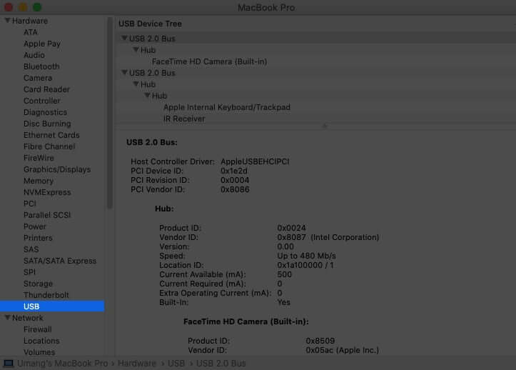 Click on USB Under Hardware Section in System Report on Mac