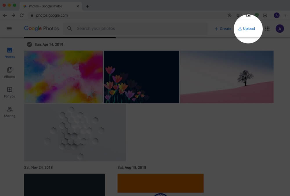Click on Upload in Google Photos on Mac