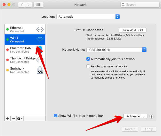 Click on Wi-Fi then Advanced in Mac Network Settings