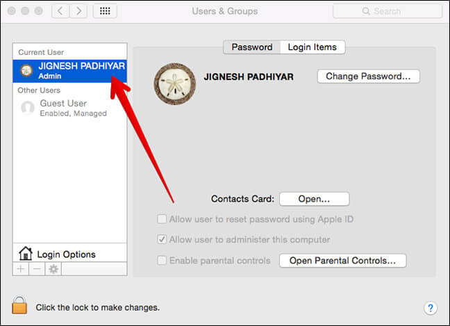 Click on Your Name in Users & Groups in Mac System Preferences