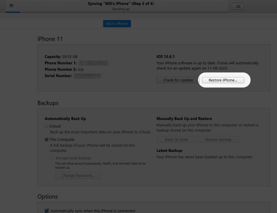 Click the Restore iPhone in iTunes on Windows