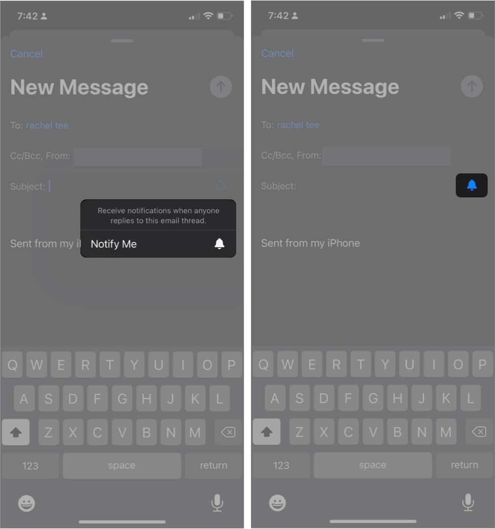 Notification Bell icon in composing an email on iPhone