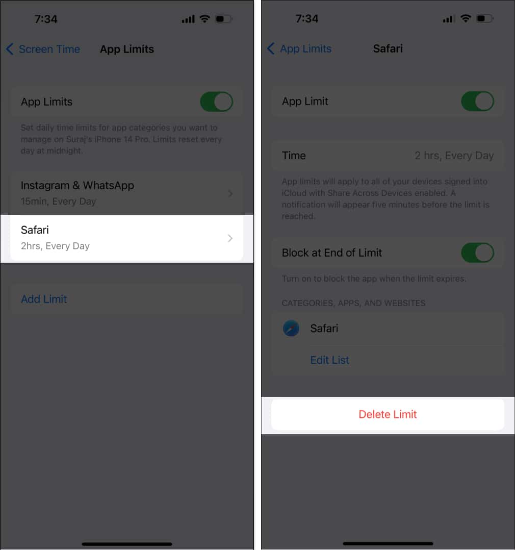Delete Safari Limit in Screen Time on iPhone