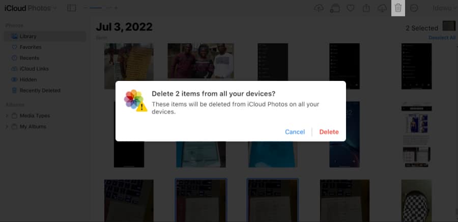Delete photos from iCloud backup via the browser