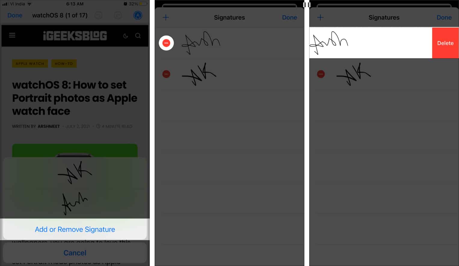 Delete saved signatures from iPhone, iPad