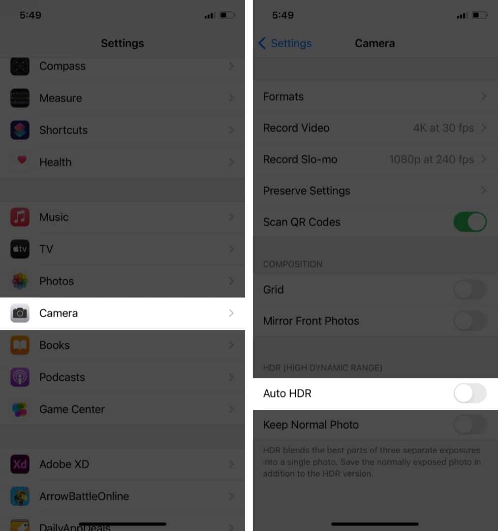 Disable Auto HDR on iPhone Camera setting