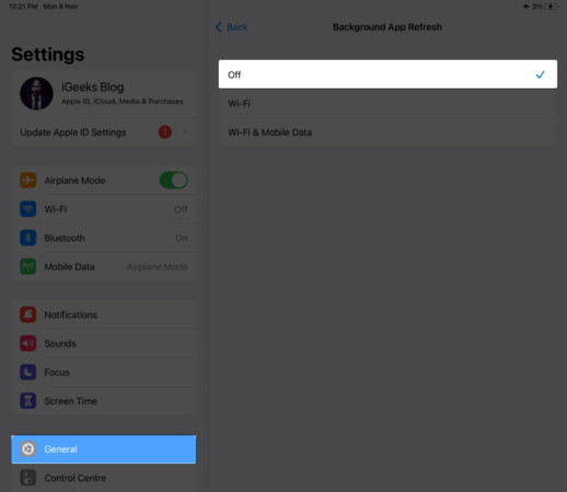 Disable Background App Refresh on iPad
