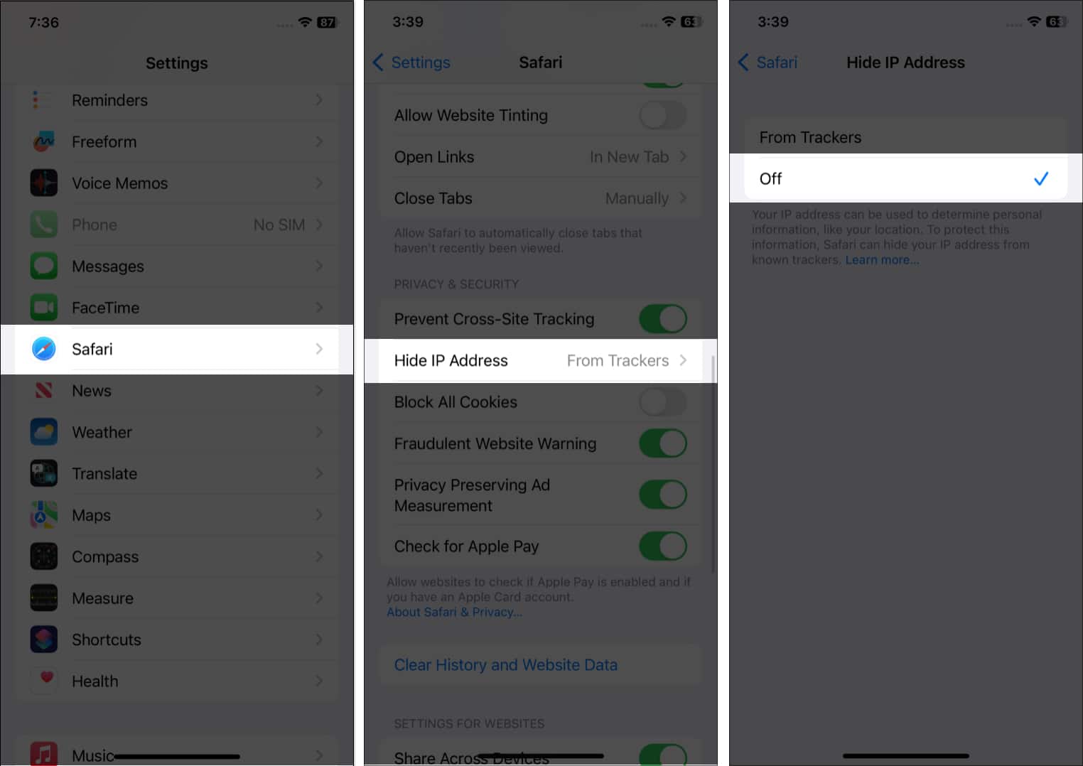 Disable Hide IP address from Trackers on iPhone