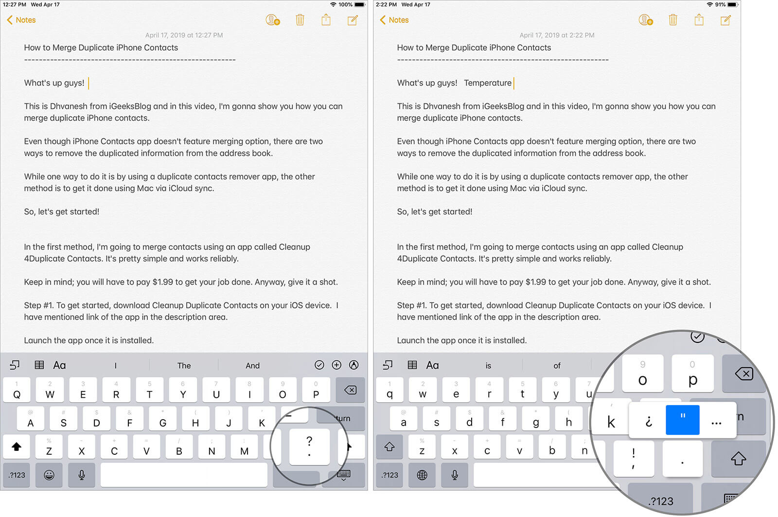 Double Quotes Using iPad Keyboard