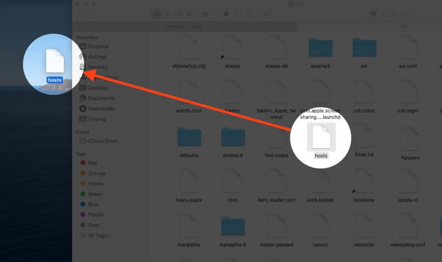 Drag Hosts File from Folder to Desktop on Mac
