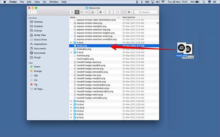 Drag PNG image file from desktop to Resources folder on Mac
