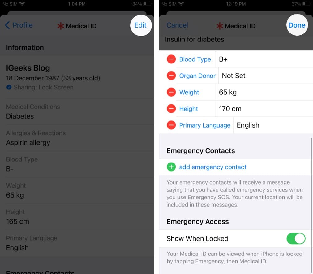Edit information in your Medical ID on iPhone