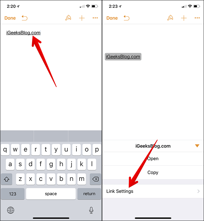 Edit link Settings on iPhone in Pages App