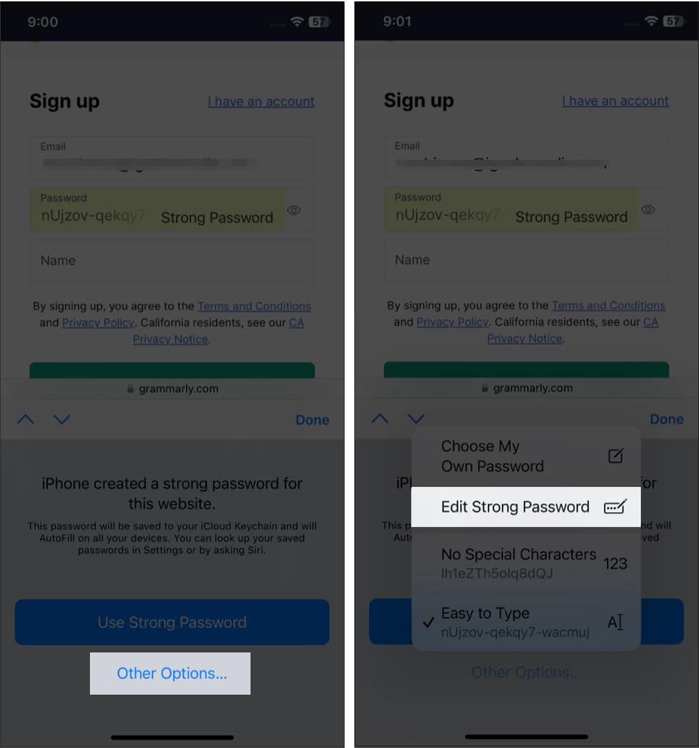 Edit suggested strong password on Safari