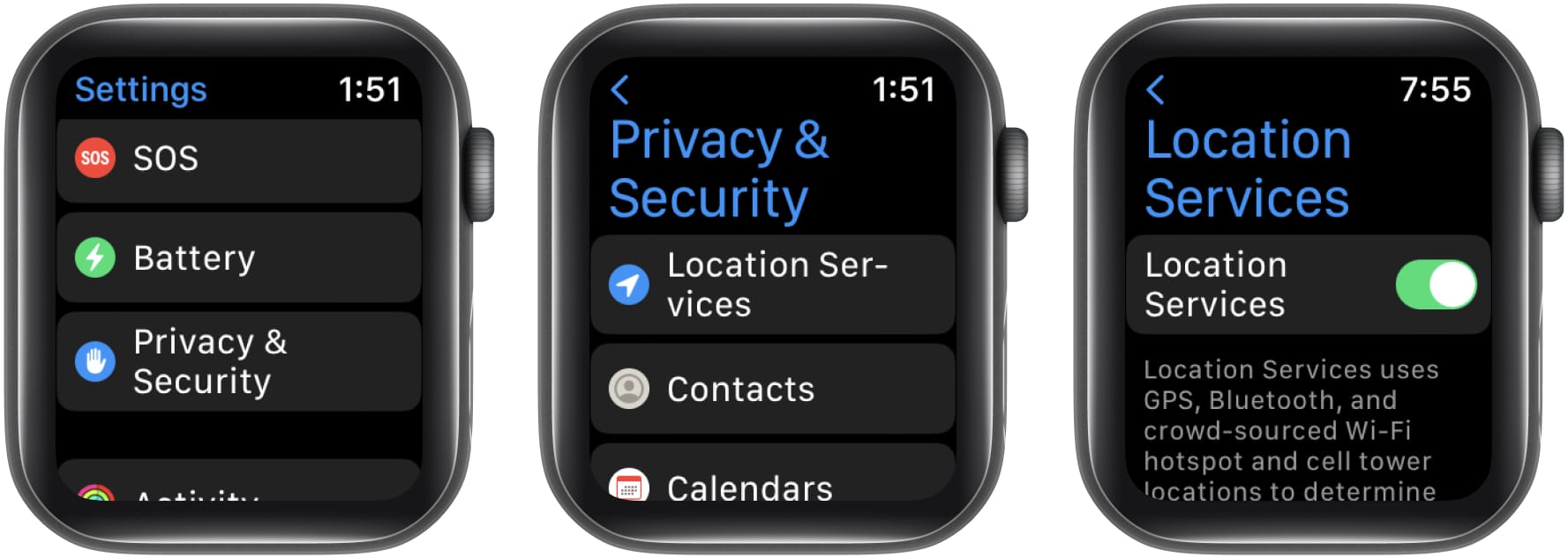 Enable Location Services toggle on Apple Watch
