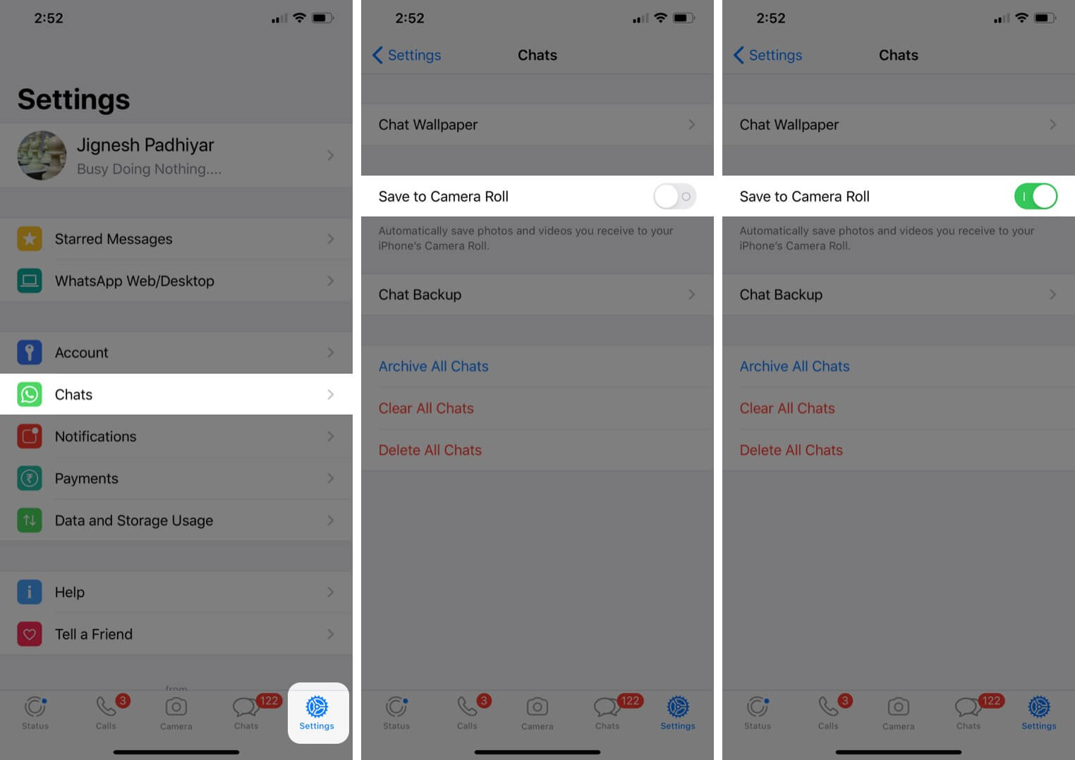 Enable Save to Camera Roll in WhatsApp on iPhone