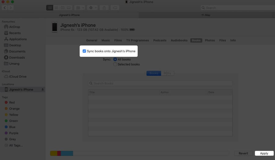 Enable Sync Book to iPhone and Click on Apply