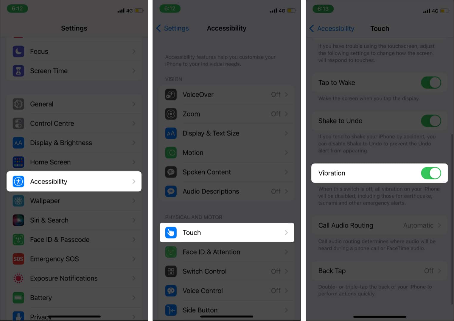 Enable Vibration in Accessibility Settings on iPhone